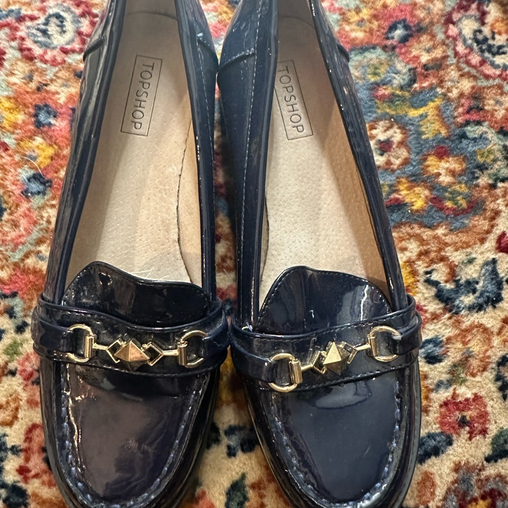 Topshop Glossy Navy Loafers with Gold Detailing